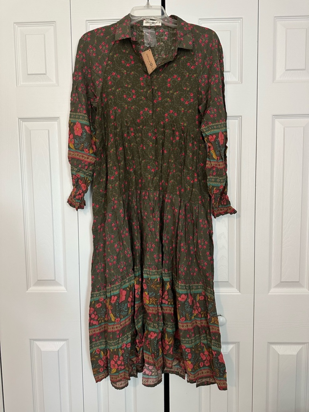 NATURAL LIFE Olive Midi Dress with Pink Floral and Multicolor Border